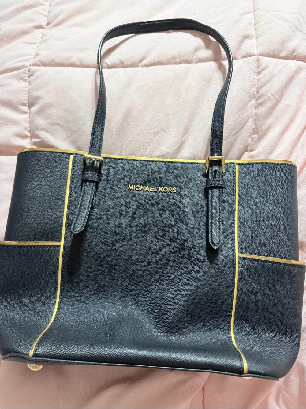 Michael Kors Black Saffiano Leather Tote with Gold Accents